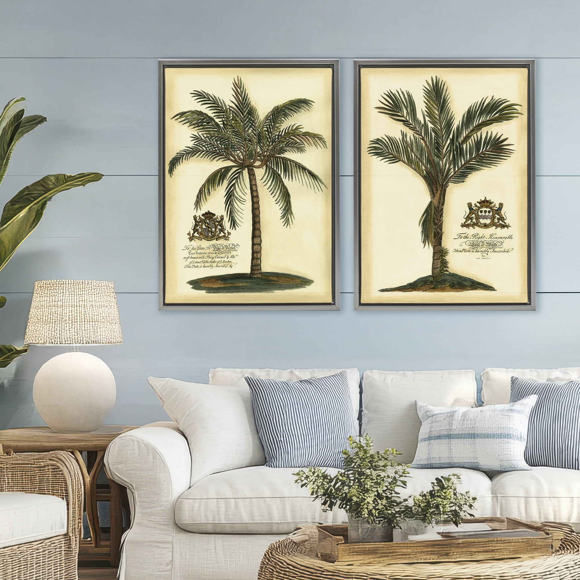 Stupell Industries Vintage Historical Palms 2 Piece Gray Framed Floater Canvas Set, design by Vision Studio