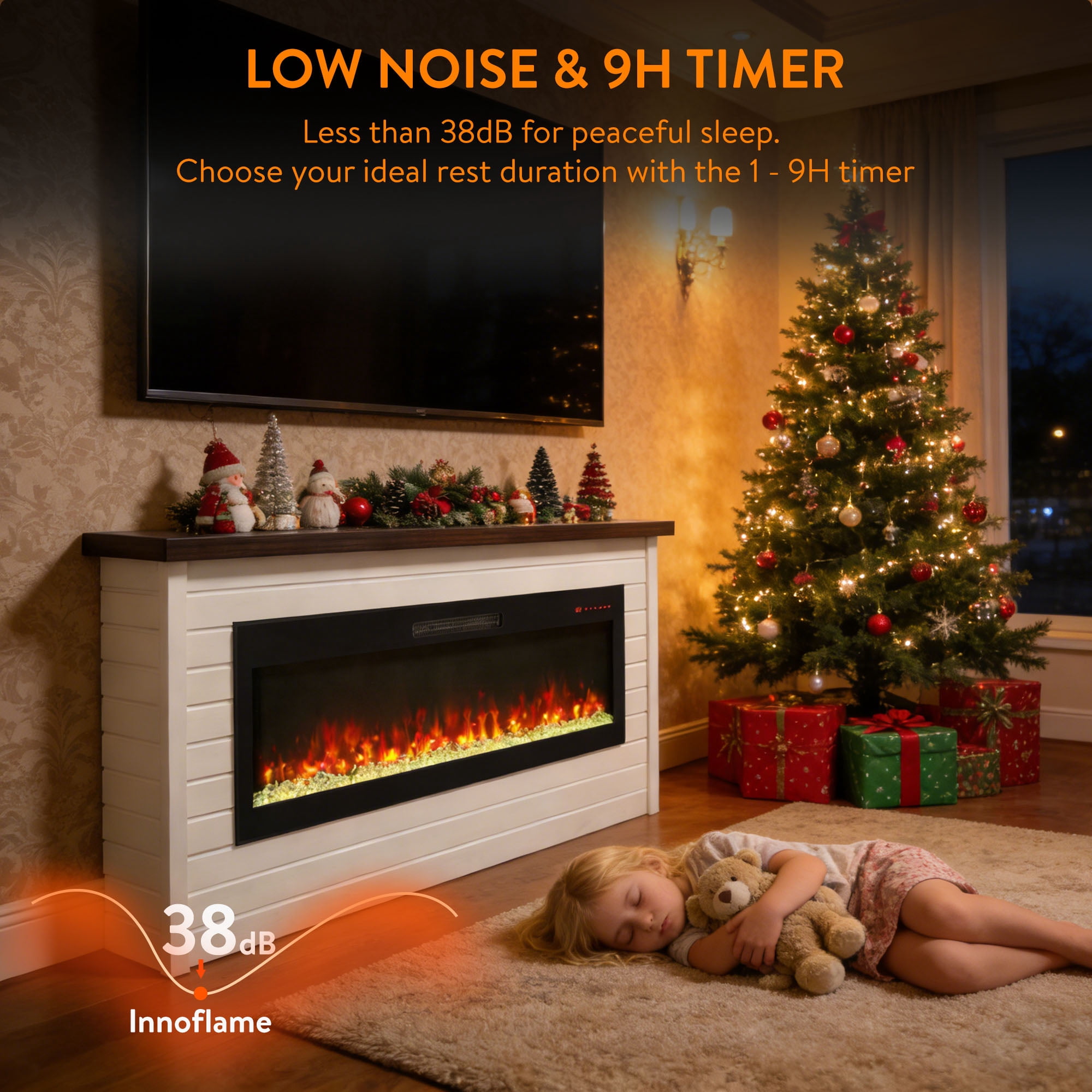 Innoflame 65" Electric Fireplace with Mantel, Replaceable Fireplace Insert Heater, White Fireplace with Adjustable Flame, Timer, Remote, Overheating Protection, Shiplap Wall Mantel for Living Room