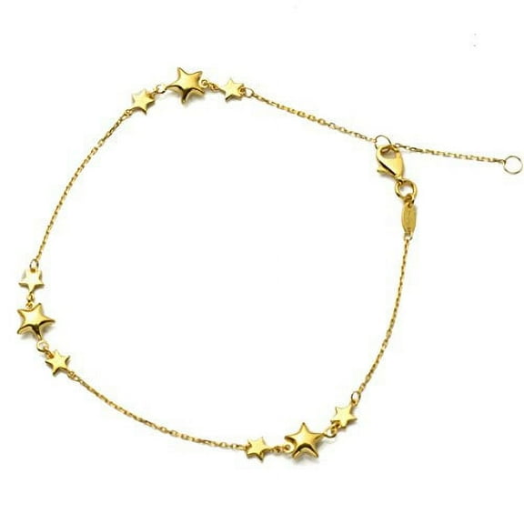 LOVEBLING 10K Yellow Gold .5mm Diamond Cut Rolo Chain with Tri-Star Row Charm Anklet Adjustable 9" to 10" (#63)