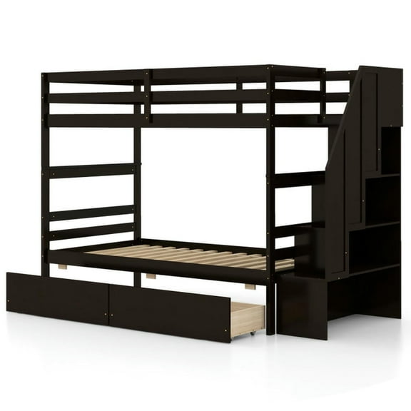 Resenkos Platform Bed Frame, Bedroom Bed Frame,Twin Over Twin Bunk Bed with Storage Stairs and Drawers-Coffee