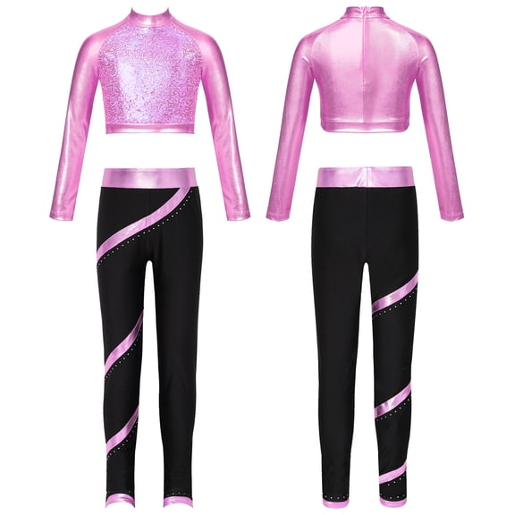 Hansber Kids Girls Hip Hop Jazz Dance Outfit Sparkly Sequin Crop Top with Leggings Figure Skating Training Suit Pink 12