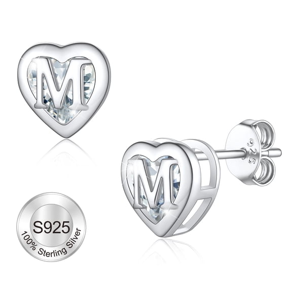 U7 Initial Heart Stud Earrings for Women Letter M Earring Sterling Silver Hypoallergenic Studs CZ Earring Jewelry for Mom Daughter Birthday Mother's Day Gift
