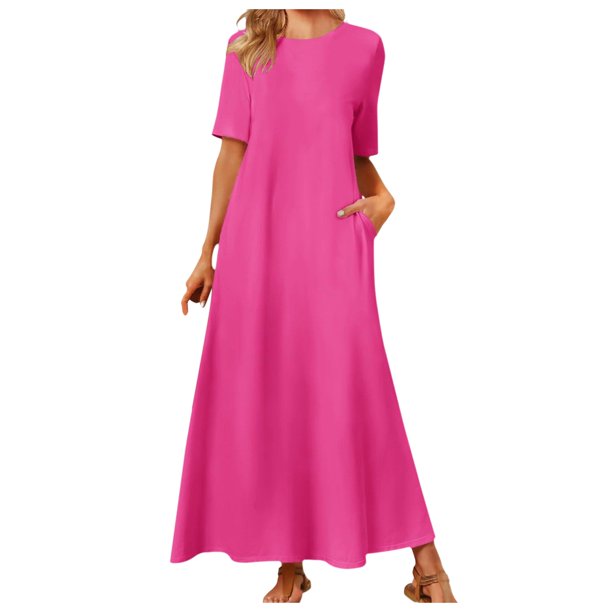 Vestido largo de manga corta para mujer 2025 - Cuello redondo, corte A, poliéster, con bolsillos para mayor comodidad informal
