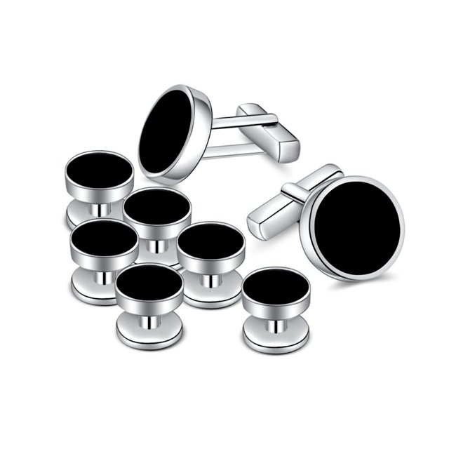 MERIT OCEAN Juego de gemelos y tachuelas de ónix para hombre Gemelos plateados y negros para camisas de esmoquin Regalo de boda de negocios