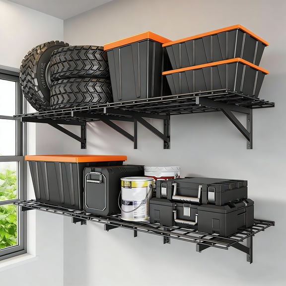 4 Pack Heavy Duty Garage Wall Shelving Set (2x3ft), Wall Mounted Garage Shelves 1400lbs Capacity, 24"X72" Shelf Storage Rack Floating Shelves, Storage Racks for Shop, Shed, Storage Shelve, Black
