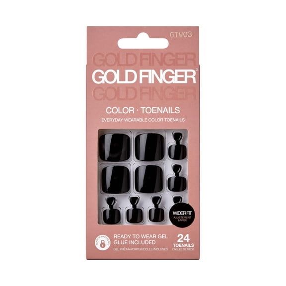 GoldFinger Press On Toenails Kit Wider Fit, Bold Glossy Black Color Toenail, Ready to Wear Gel & Manicure Stick, 2g Glue included, Long-Lasting Convenient & Easy to Apply