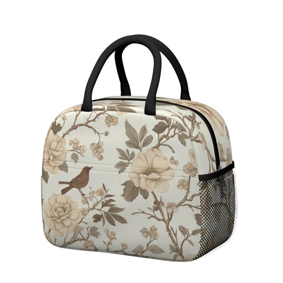 Obrewu Pioneer Flower and Bird Lunch Bag for Adult, Insulated, Leakproof, Oxford Cloth
