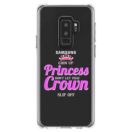 DistinctInk Clear Shockproof Hybrid Case for Samsung Galaxy S9+ PLUS (6.2 Screen) - TPU Bumper Acrylic Back Tempered Glass Screen Protector - Chin Up Princess Don t Let That Crown Slip Off