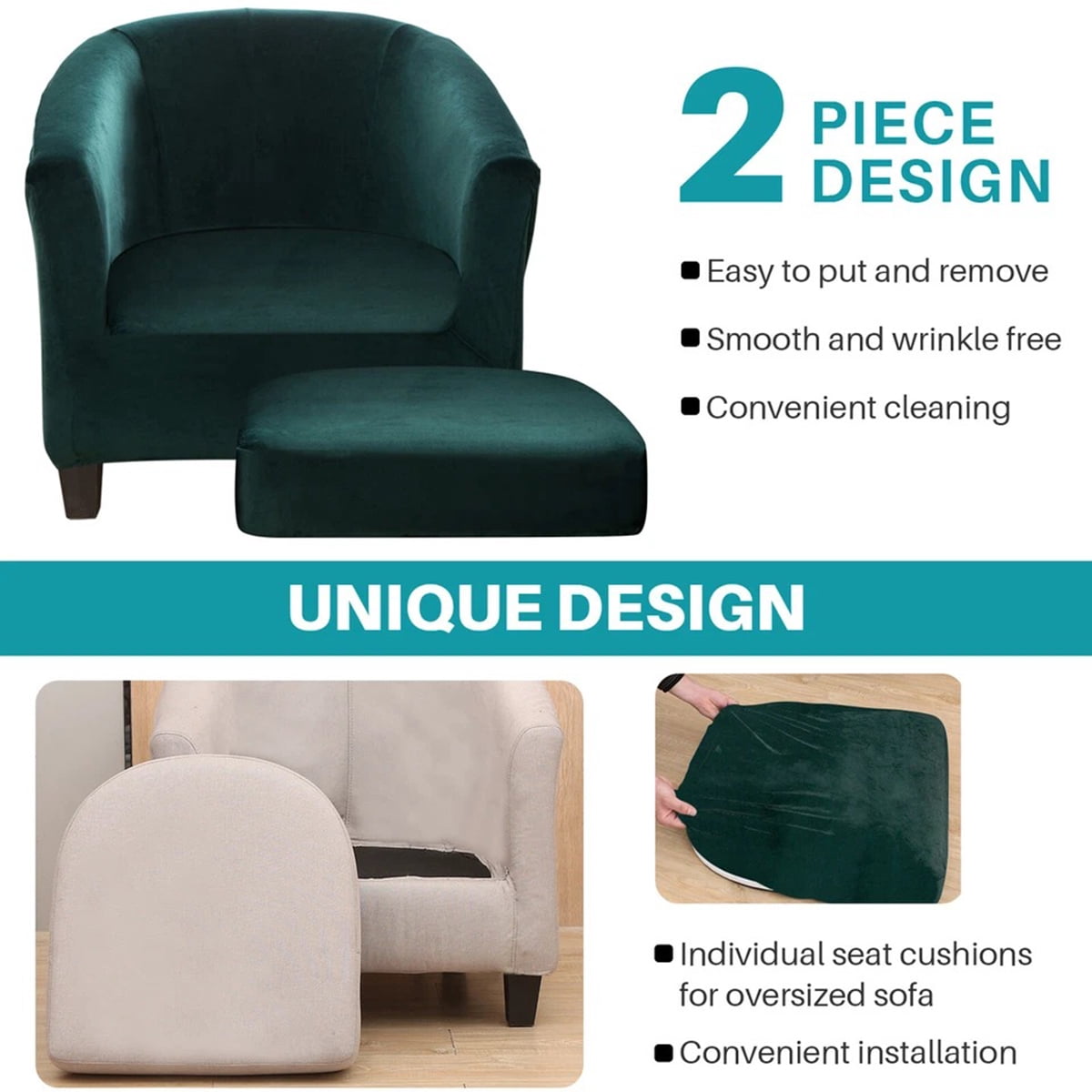 Eurhowing Stretchable Tub Chair Slipcover, 2-Piece Velvet Soft Armchair Cover with Cushion Cover, Elastic Fit Club Chair Sofa Couch Slipcover, 1-Pack, Dark Green