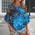 thumbnail image 3 of Blue Leopard Watercolor Print Fabric Women's V-Neck Blouse With 3/4 Ruffled Bell Sleeves Casual Top Ladies Blouses, 3 of 7