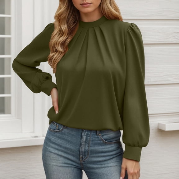 Womens Dressy Blouses Crew Neck Fashion Spring Tops Long Sleeve Solid Color Business Shirts