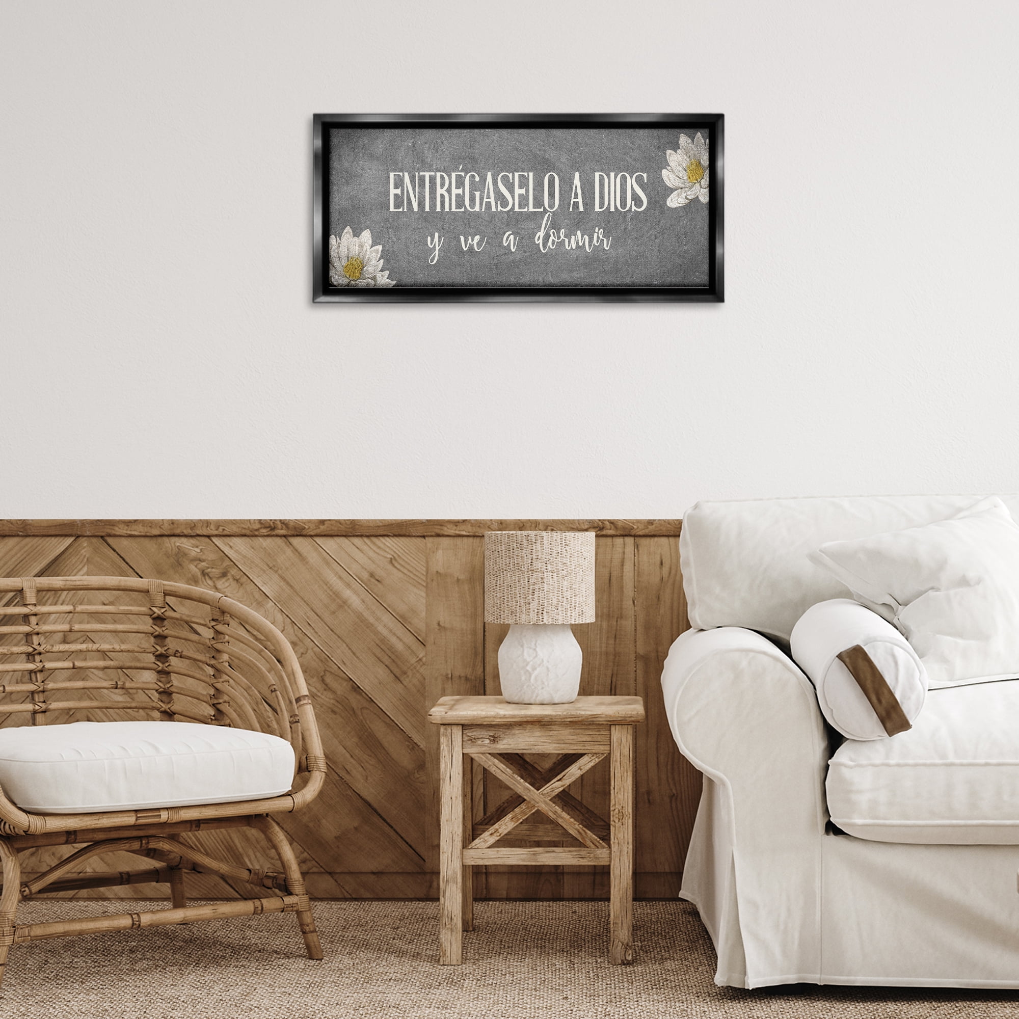 Stupell Industries Entrégaselo a Dios y Descansa Religious Quotes and Sayings Painting Black Floater Framed Art Print Wall Art, 25 x 11
