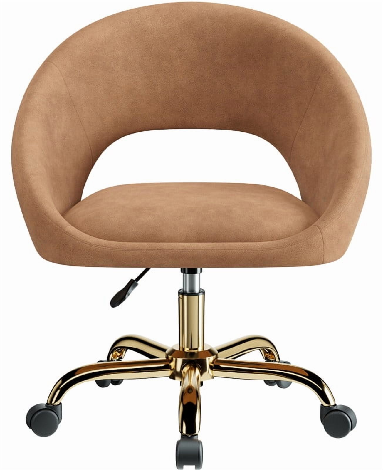 ATHOPE Vanity Chair, Fleece Office Chair with Gold Wheels, Comfy Home Office Desk Chair for Girls, Swivel Make Up Chair, Nail Tech Chair for Bedroom, Small Space, Brown