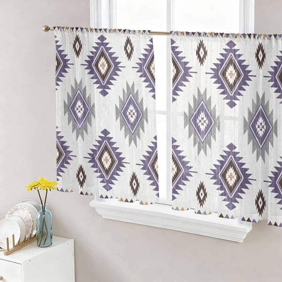 Sheer Curtains 54 Inch Length 2 Panels Set for Kitchen, Purple Aztec Semi Sheer Curtains for Windows, Southwest Boho Abstract Gray Geometric Voile Window Treatments Rod Pocket Curtain