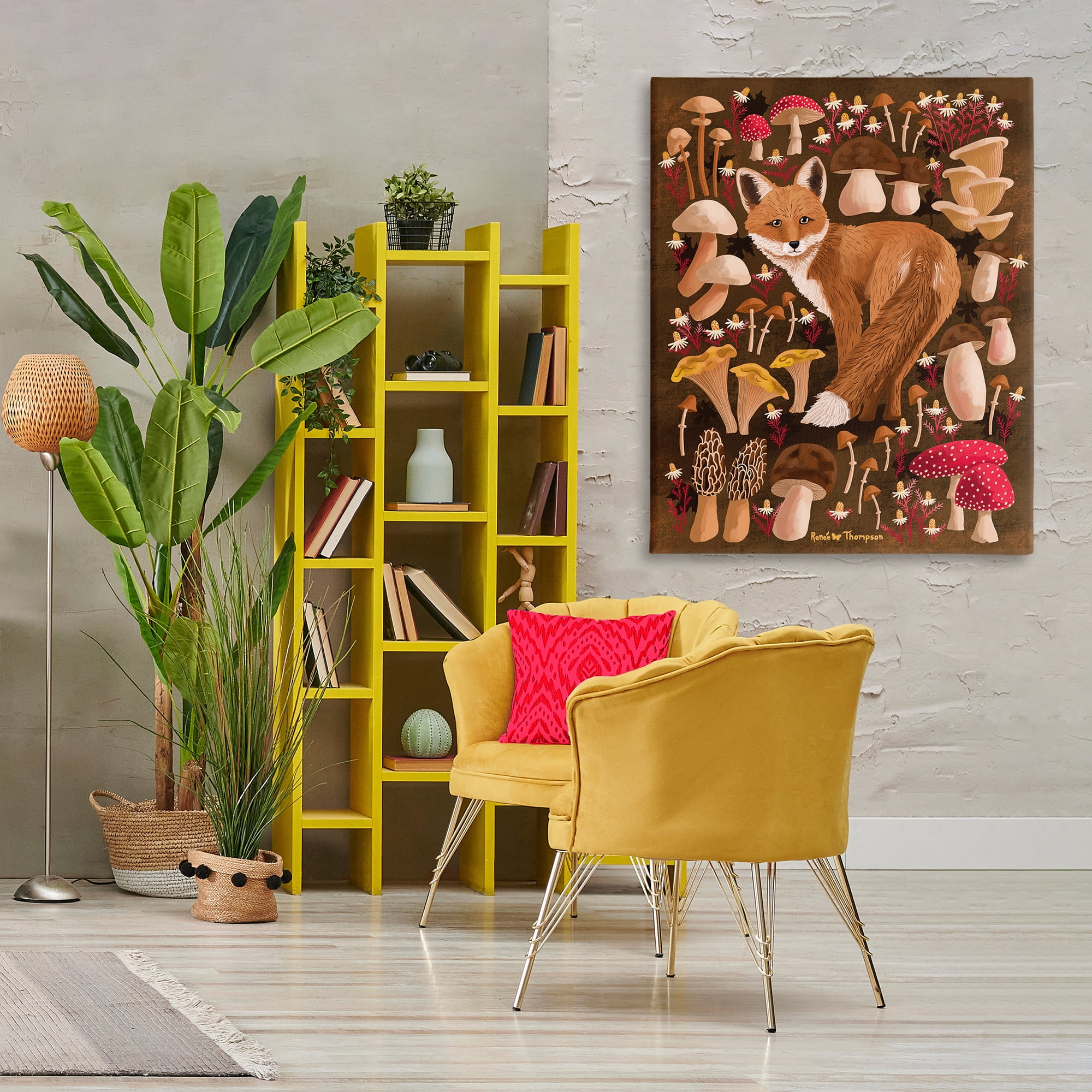 Stupell Industries Fox & Cottage Mushrooms Animals Painting Wrapped Canvas Art Print Wall Art, 36 x 48