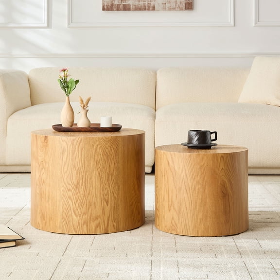Lyuhome Coffee Table Set of 2, Round Side Table Set, Wood End Table for Living Room, Office,No Assembly,Oak