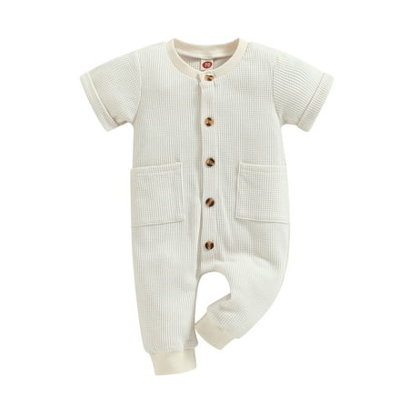 

Qtinghua Infant Baby Girl Boy Waffle Cotton Romper Solid Button One Piece Bodysuit Jumpsuit Summer Clothes Beige 12-18 Months