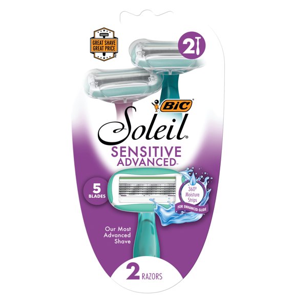 BIC Soleil Sensitive Advanced Women's 5-Blade Disposable Razor, 2 Count Women's razors, Pivoting Head, Rubber Handle Razors For Women