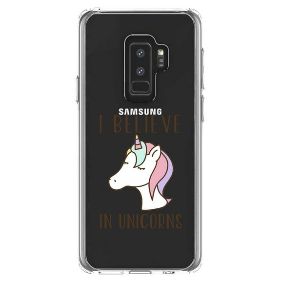 DistinctInk Clear Shockproof Hybrid Case for Samsung Galaxy S9  PLUS (6.2" Screen) - TPU Bumper Acrylic Back Tempered Glass Screen Protector - I Believe in Unicorns
