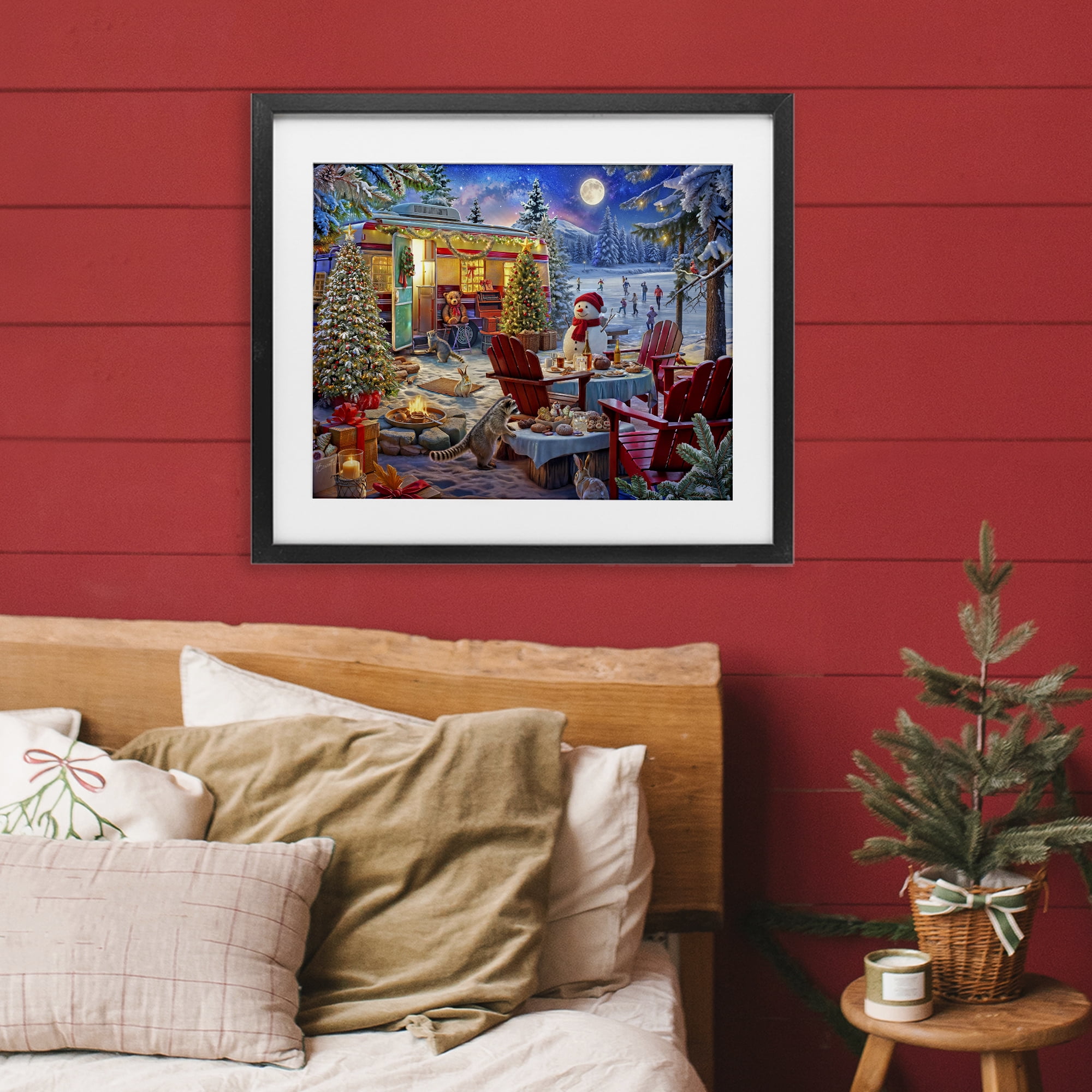 Winter Holiday Camper Party Black Framed Print Under Glass, design by Henriette Chinaglia
