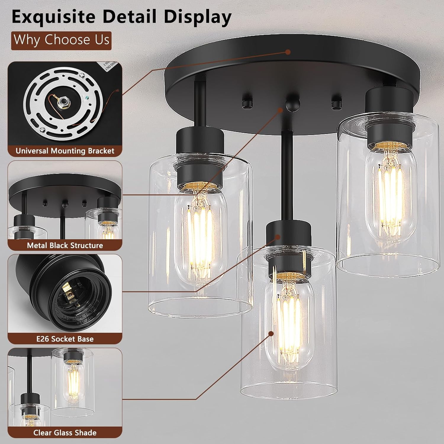 Licperron Farmhouse 3-Light Black Flush Mount Ceiling Light Fixtures with Clear Glass Shades