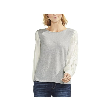 Vince Camuto Womens Smocked Mixed Media Pullover Top