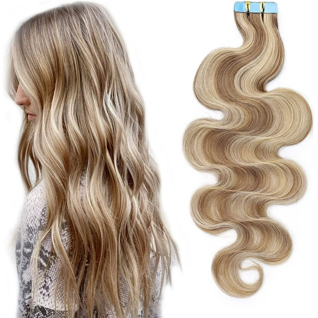 AmPm Tape In Hair Extensions Human Hair 20pcs 12 Inch 40g /Dark Blonde/ Ombre 100% Remy Human Hair Balayage Rooted Hair Invisible Seamless Skin Weft Double Side Tape for Women
