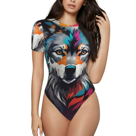 Gaeub Tie-Dye Wolf Head Print Women s Short Sleeve One Piece Swimsuit Sexy High-Waisted Bodysuit Bathing Suit for Swimming  Beach  Sports-Large