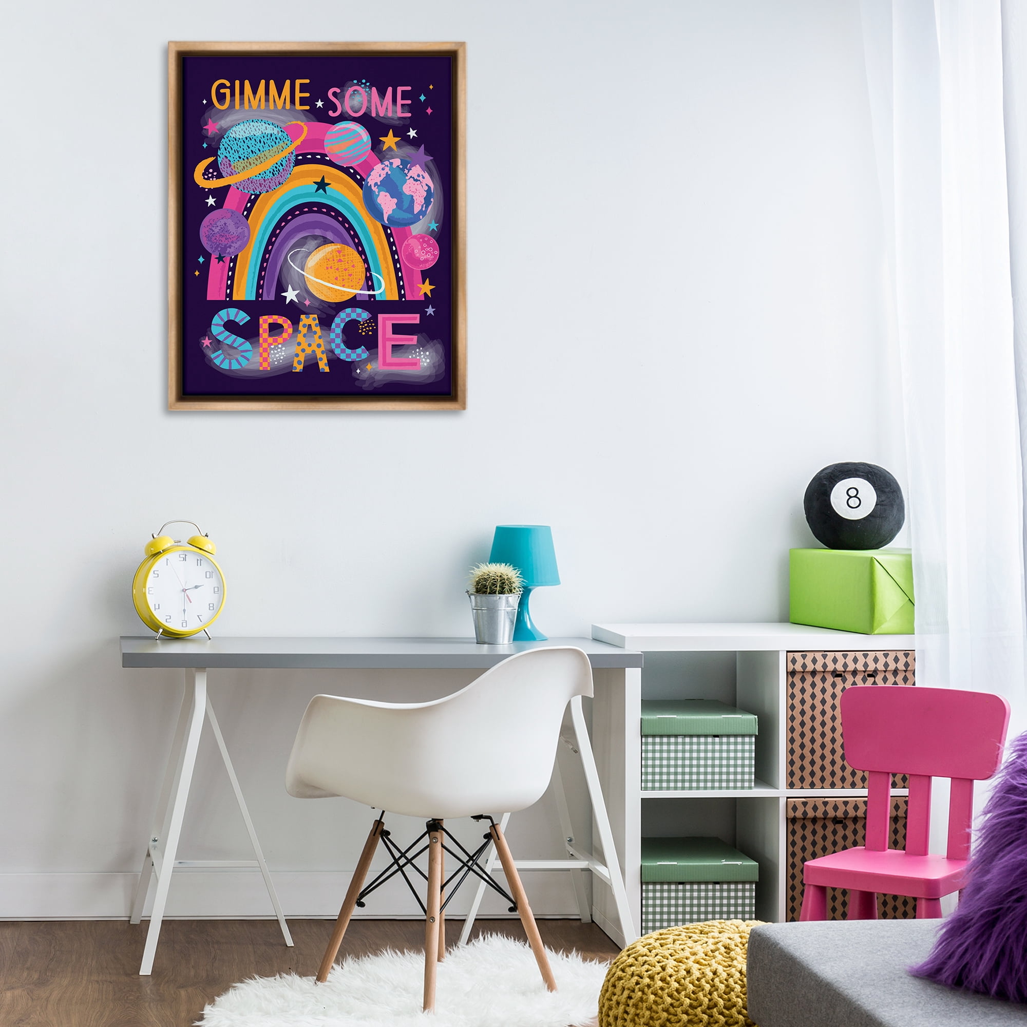 Stupell Industries Gimme Space Planets & Rainbow Astrology & Stars Painting Brown Floater Framed Canvas Art Print Wall Art, 25 x 31