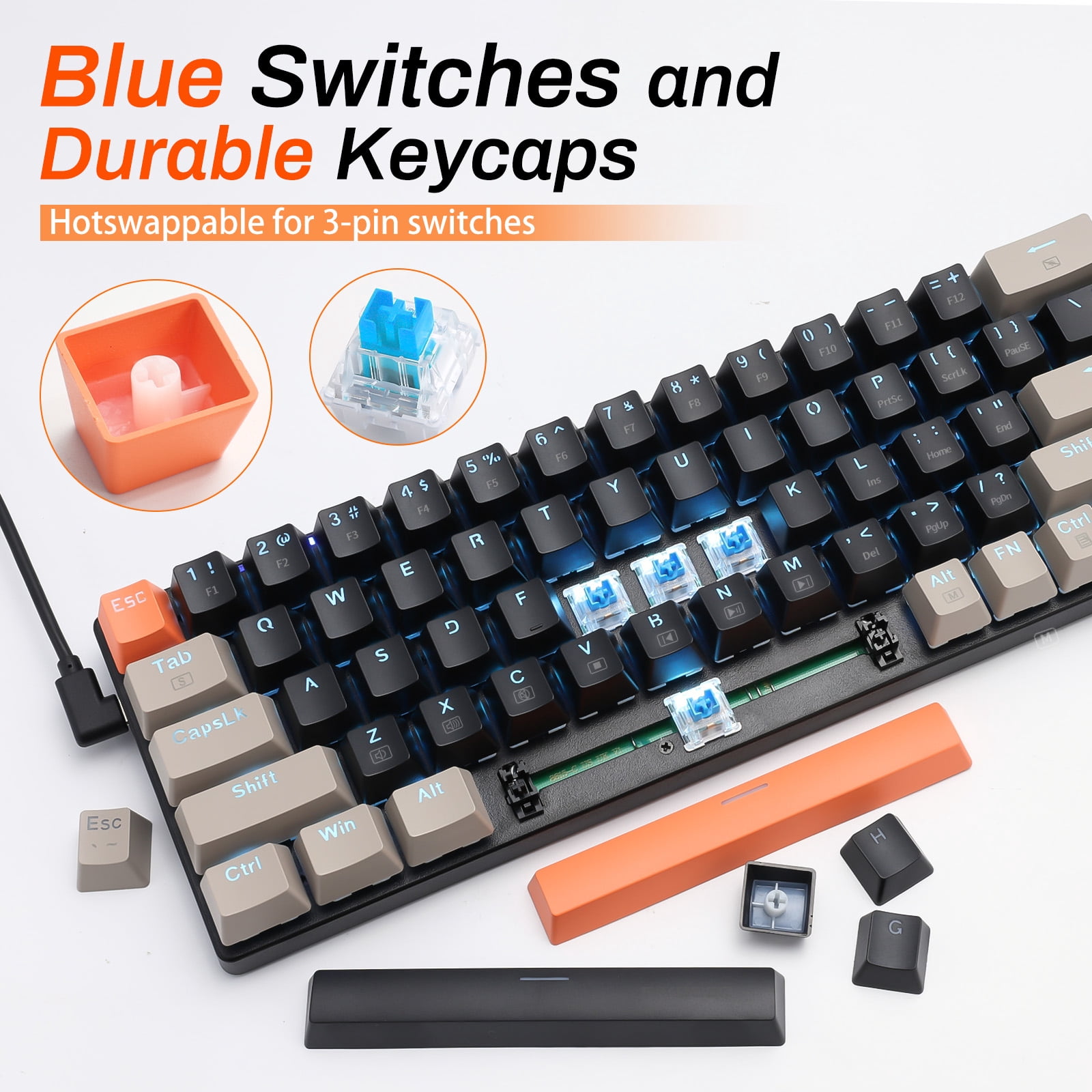HUO JI USB Mechanical Keyboard Wired with Number Pad, Led Backlit, Blue Switch, Compact 78 Keys for PC/Computer/Laptop Gaming and Office, Black/Grey