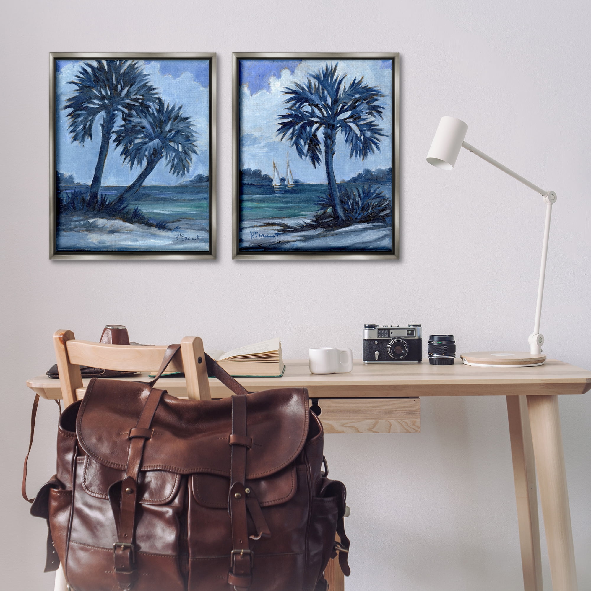 Stupell Industries Impressions of Indigo Palms Nautical & Beach Painting Gray Floater Framed Canvas Art Print Wall Art, 31 x 25, Set of 2