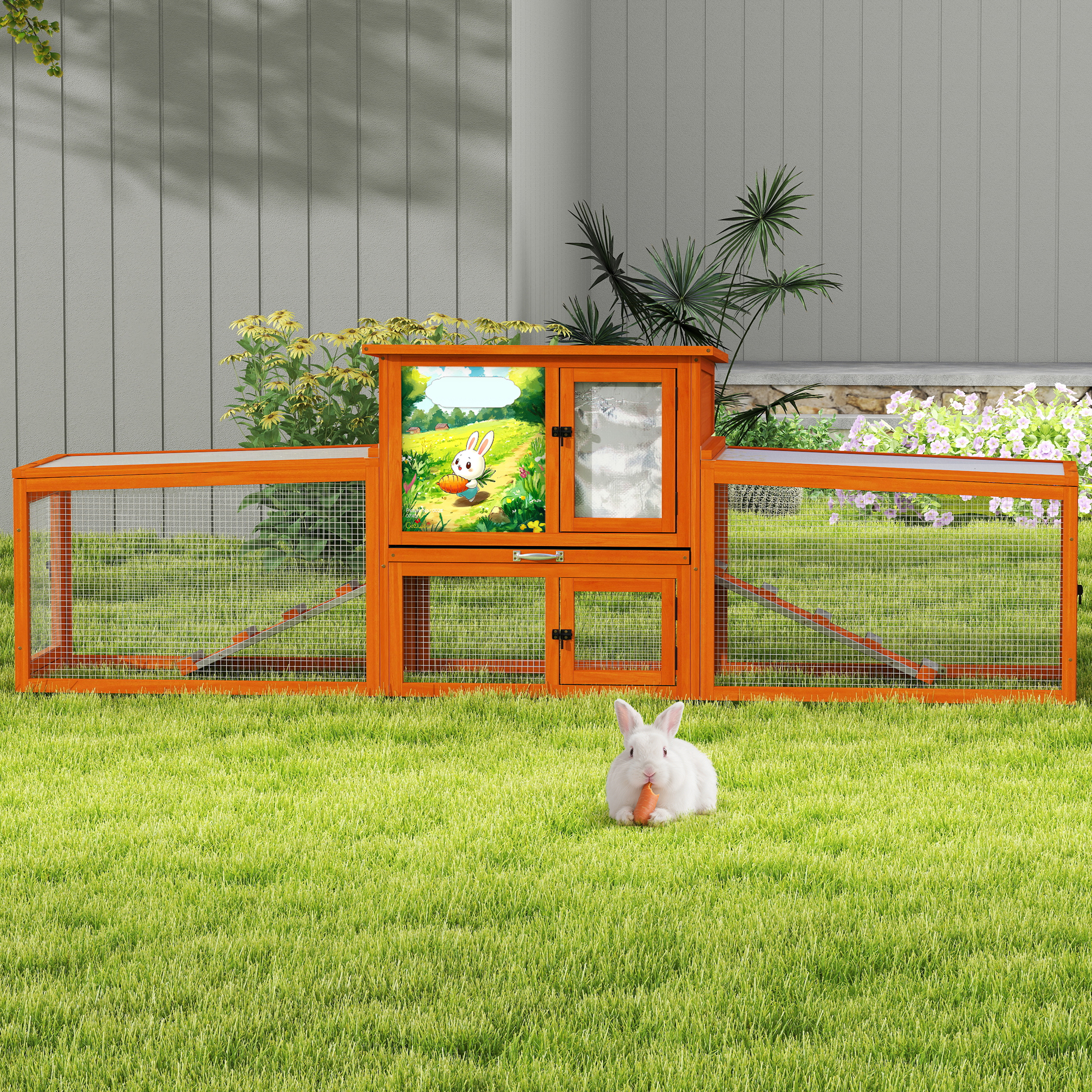 Insulated Outdoor Wood Rabbit Hutch, Weatherproof Large Bunny Cage with Runs Orange with Colorful Patterns
