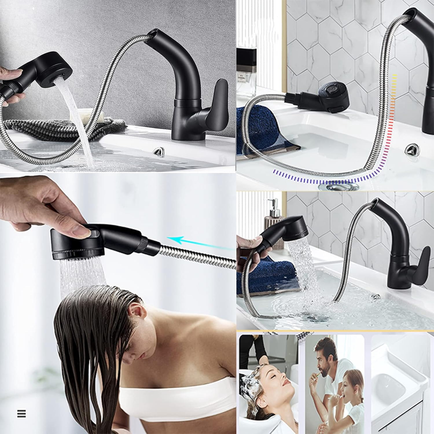 Bathroom Sink Faucet Pull Out Sprayer Dual Mode Mixer Tap for Hot and Cold Water Liftable Single Handle 360° Swivel Single Hole Pull Down Lavatory Faucet Retractable Basin Faucet,Black
