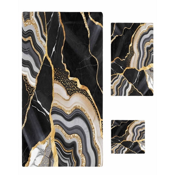 Black Marble Towel Set of 3, Soft Microfiber Bath Towels, Hand Towel, Washcloths, Grey Gold Texture Vintage Farmhouse Art Quick-Dry Absorbent Towels for Bathroom Kitchen Hotel Beach Gym Spa