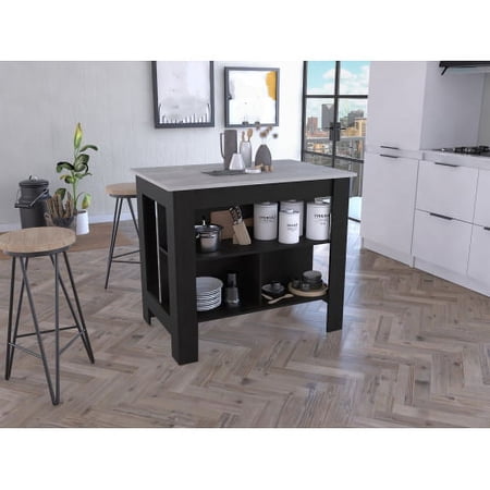 Cterwk Wood Kitchen Island with 3 Shelves Perfect for Living Room Dining Room Kitchen Black + Gray