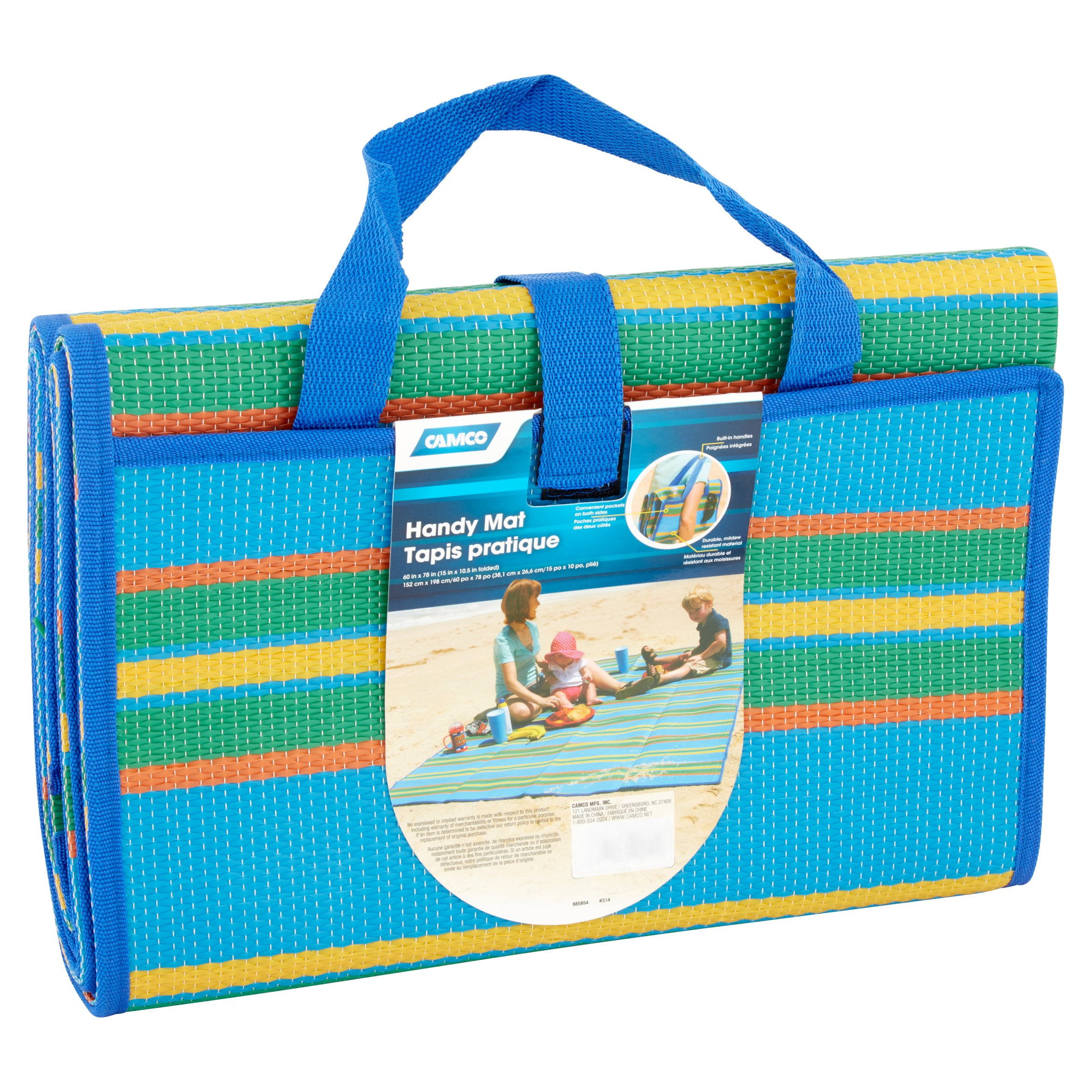 Camco 42815 60" x 78" Handy Mat with Carrying Strap - for Picnics, Beach, RVing and Outings - Blue/Green Stripe
