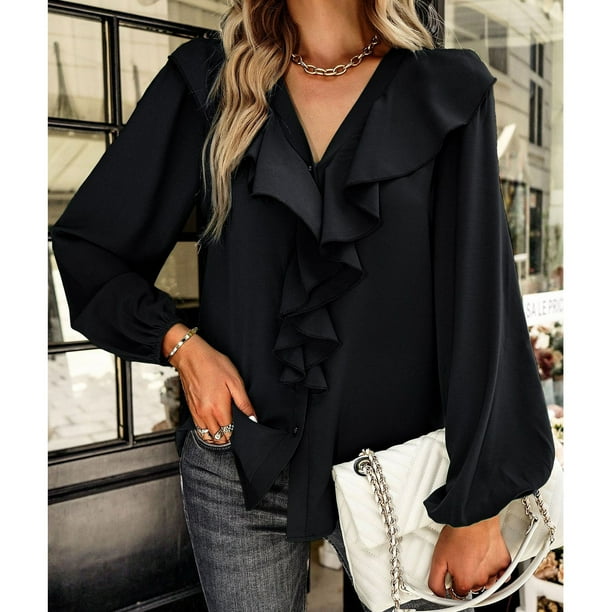 Top Informal Para Mujer, Blusa De Manga Larga Con Puños Elásticos Lavables A Máquina Con Diseño De Empalme De Encaje Con Volantes De Color Puro Para Negocios Para El Día A ANGGREK No