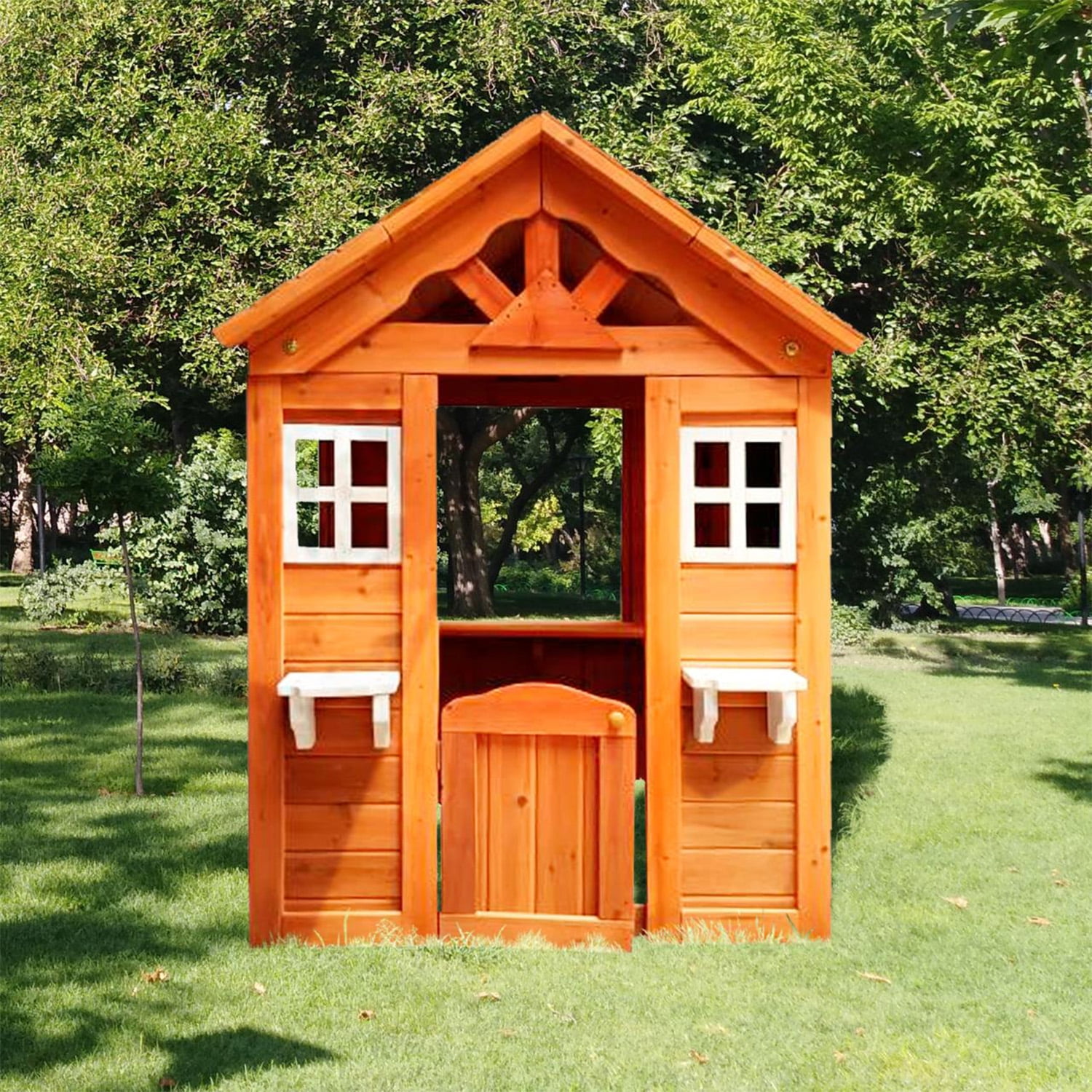 CIPACHO 55" Wooden Kids Playhouse for Ages 4-8, Outdoor Play House with 2 Windows and Flowerpot Holder, Orange CIPACHO 55" Wooden Kids Playhouse for Ages 4-8, Outdoor Play House with 2 Windows and Flowerpot Holder, Orange