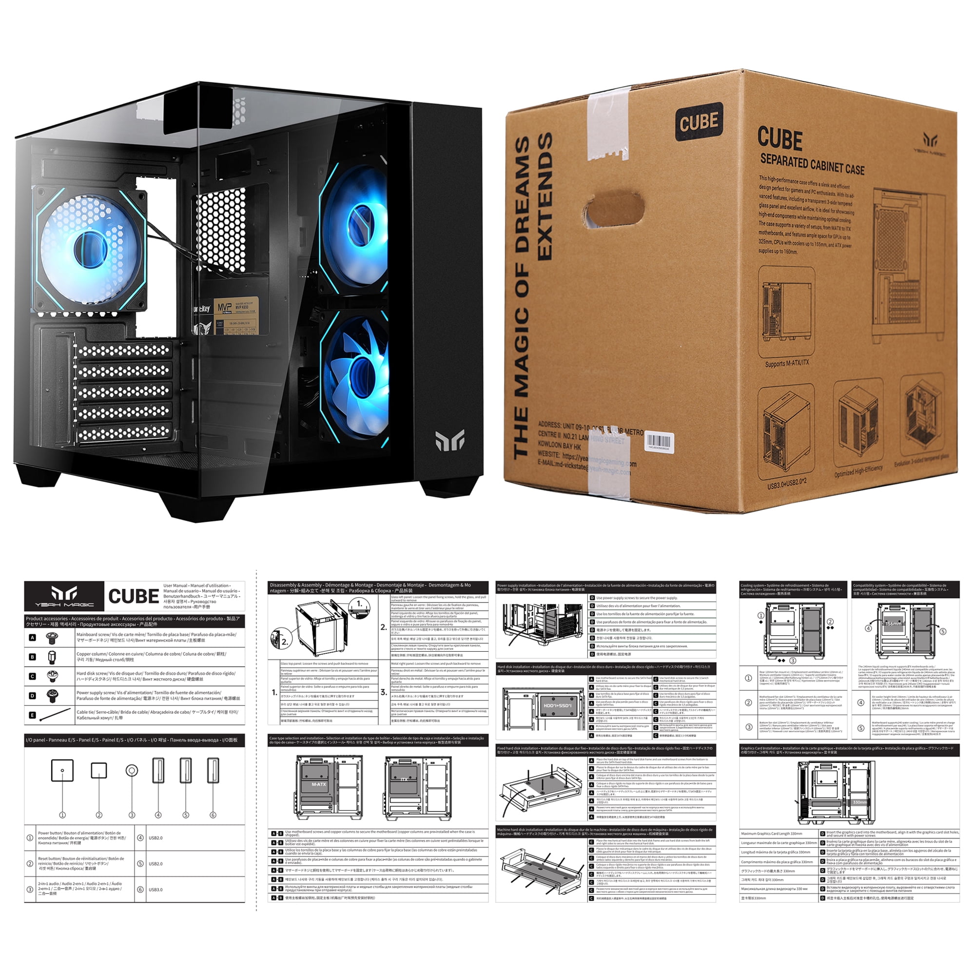 YEAH MAGIC CUBE Gaming ITX Computer Case Tempered Glass Three-sided Transparent Support Mid-Tower With 3 RGB Fans 3D Panoramic View MATX Gaming Desktop Chassis Black