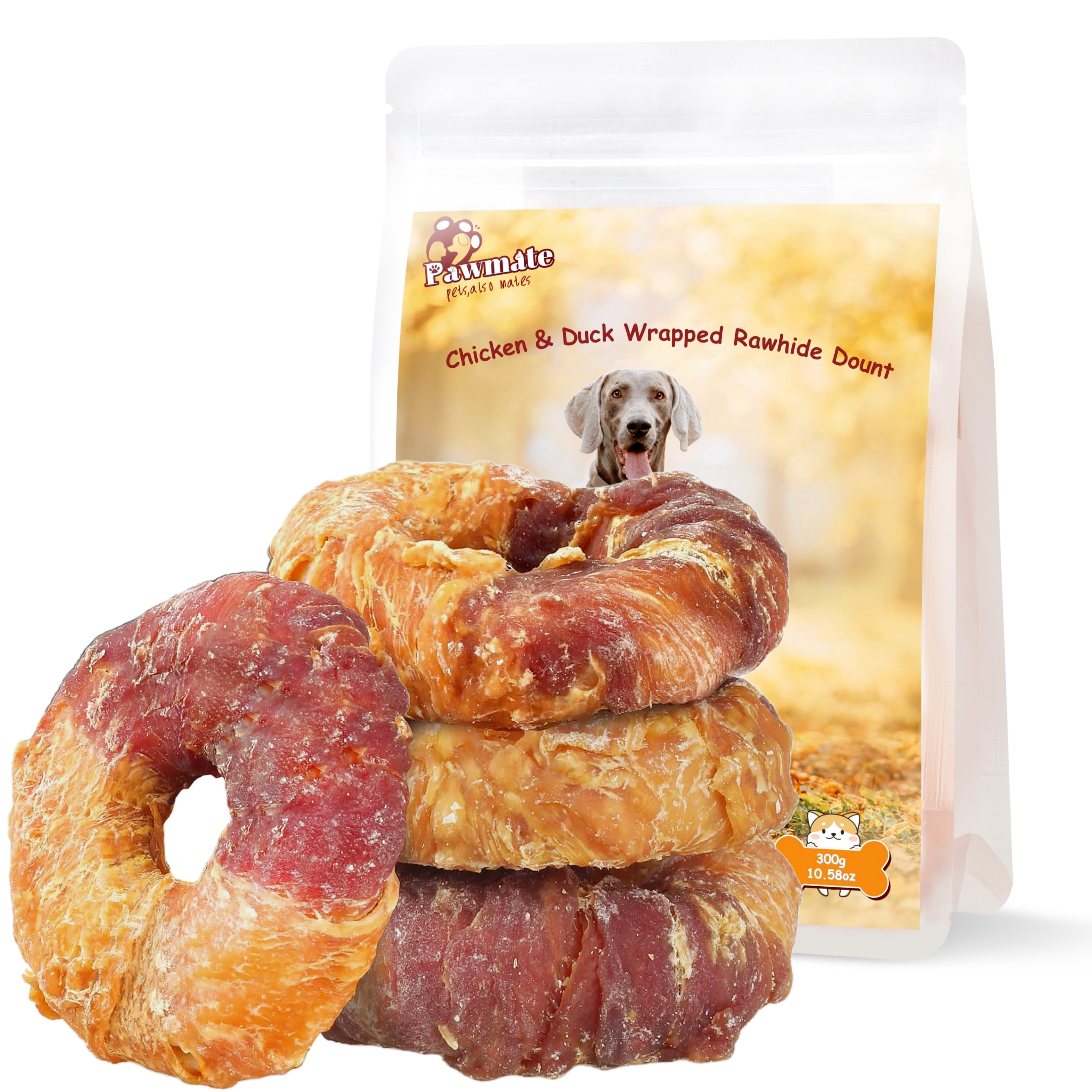 (2 pack) Pawmate Chicken & Duck Wrapped Rawhide Donut, Long Lasting Chews for Medium Large Dogs, 4 Count
