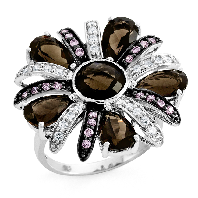Netaya Netaya 5.80 Carat Genuine Smoky Quartz & Cubic Zirconia Flower