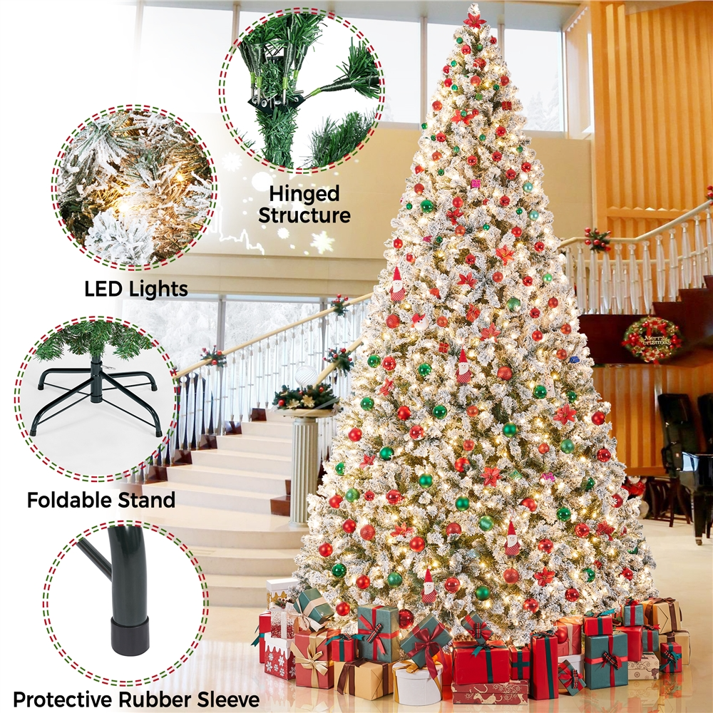 Alden Design 12Ft Pre-lit Flocked Artificial Christmas Tree with Incandescent Warm White Lights, Green