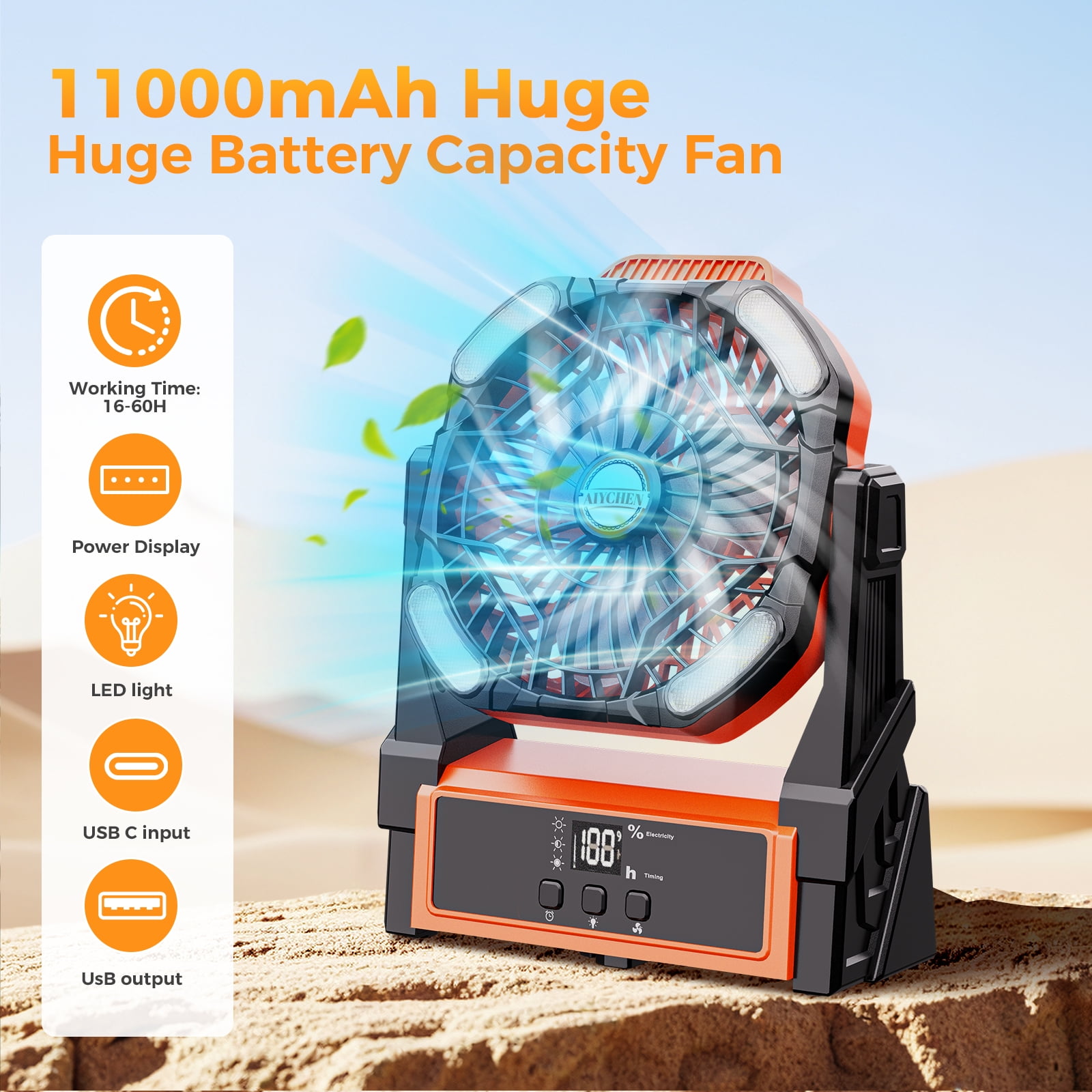 Camping Fan Portable with 4 Lights, 11000mAh Rechargeable Battery Operated Fans, Outdoor Beach Tent Fan, 4 Speed, 4 Timer, Adjustable Rotation for Picnic, BBQ, Fishing,Travel