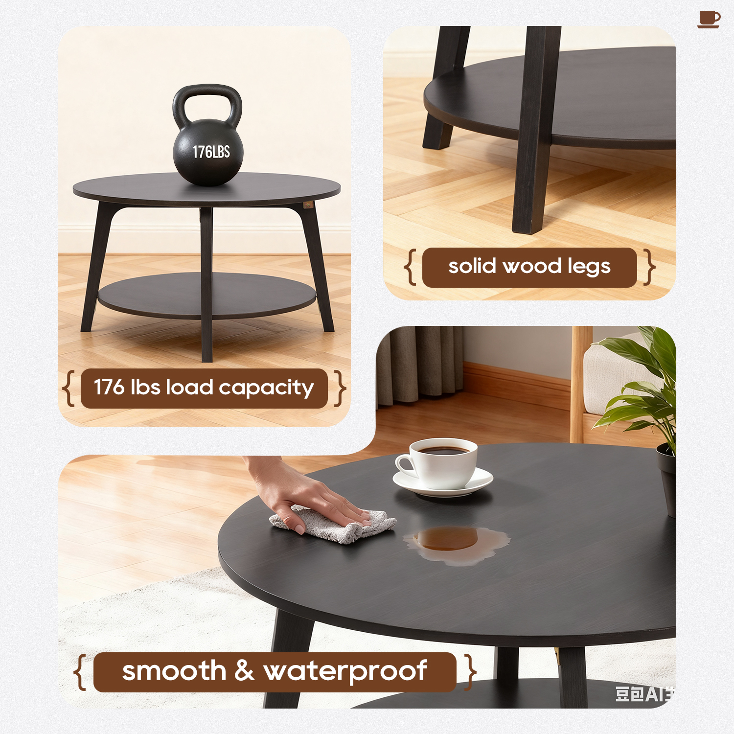 FDW Round Coffee Table with Storage and Sturdy MDF Top & Tapered Legs,Grey