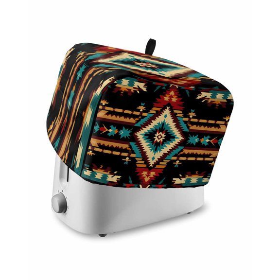Orange Teal Boho Toaster Cover 2 Slice, Southwestern Ethnic Abstract Geometric Dustproof Bread Machine Oven Cover with Storage Pockets, Fits Most Kitchen Toasters Protector