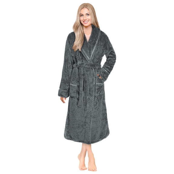 Women's Waffle Textured Satin Trim Fleece Robe (Charcoal, L/XL)