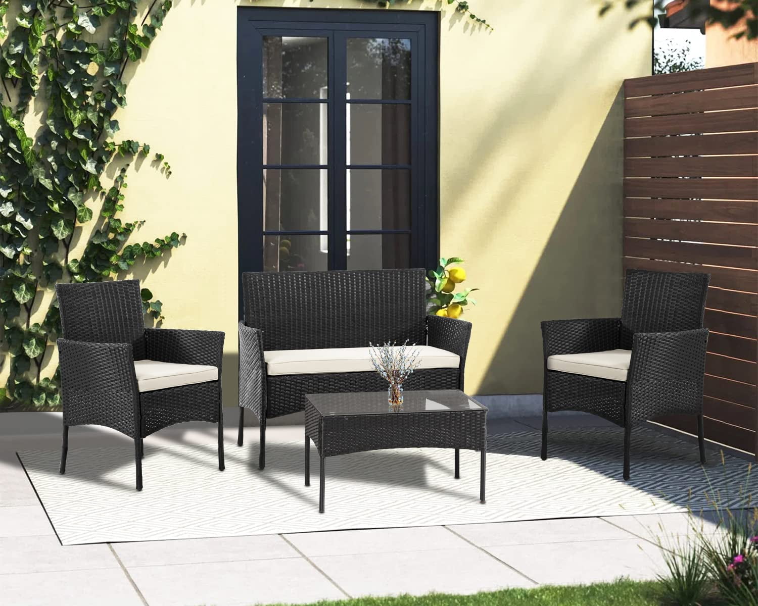 BestOffice Outdoor Patio Furniture Sets 4 Pieces Wicker Sofa with Coffee Table,Black