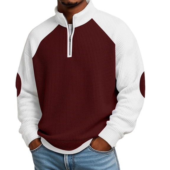 Jalioing Sweatshirts for Men Casual Color Block Half Zip Stand Collar Texture Pullover Shirt Fashion Long Sleeve Tops