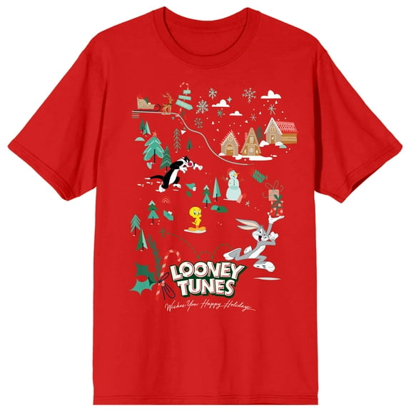Looney Tunes Winter Land Scene Women's Red Graphic Tee-Medium