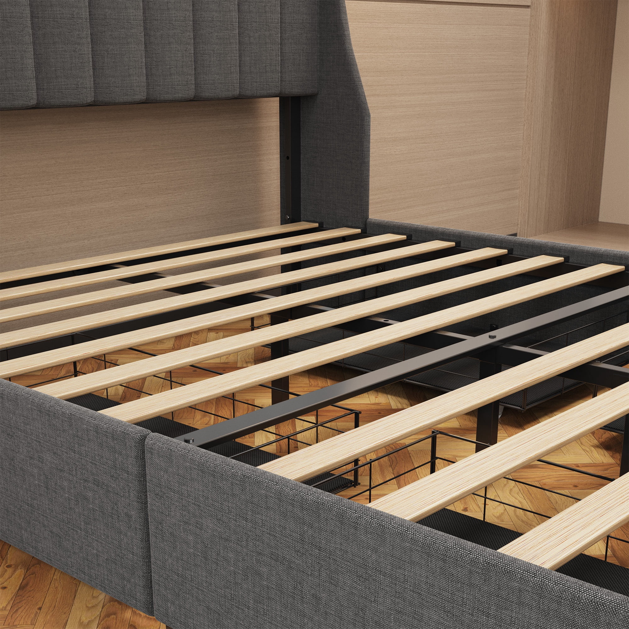 PAPROOS Queen Size LED Bed Frame with Drawers, Linen Upholstered Bed, Metal Platform Bed with Soft Cushioned Headboard for Adults Teens, Dark Grey